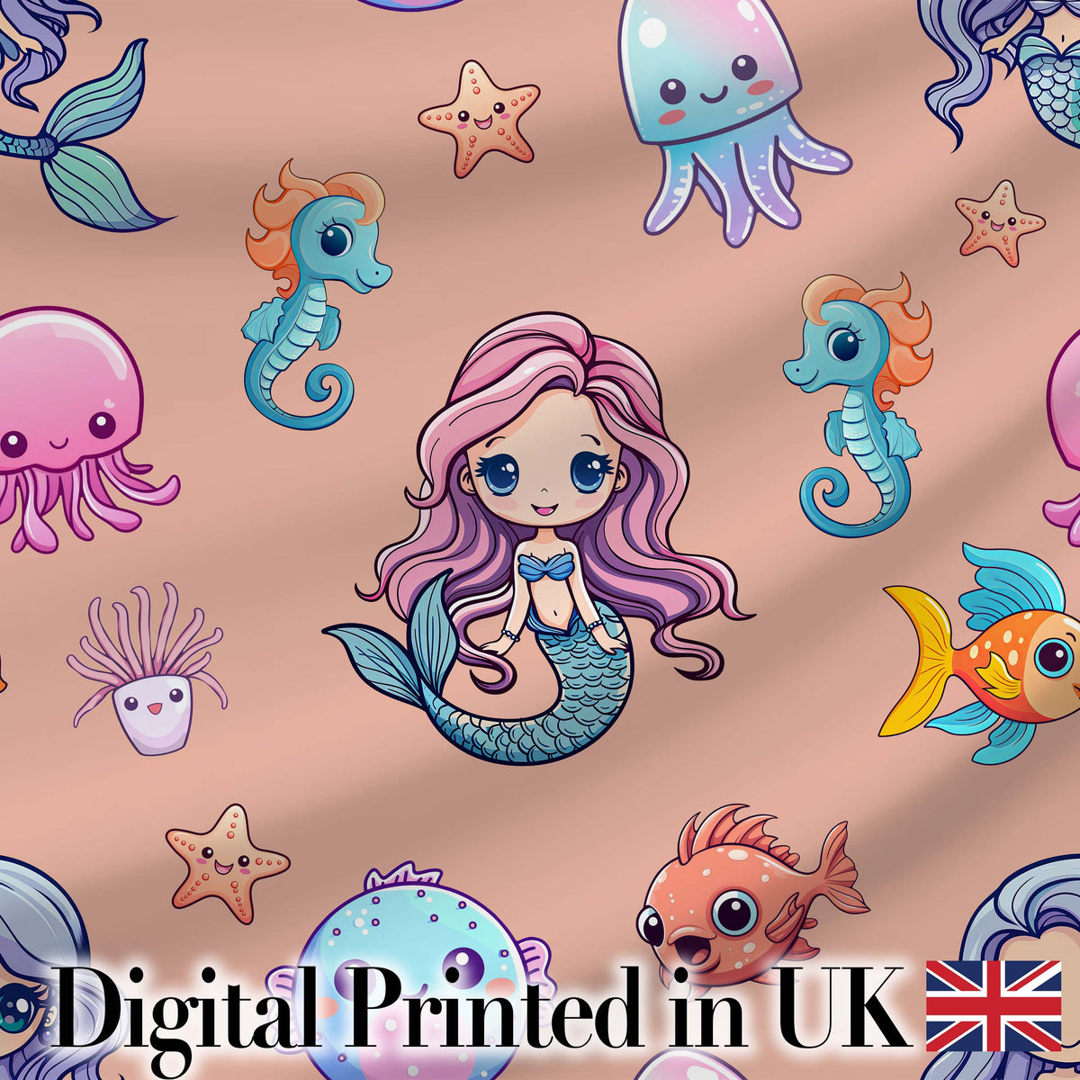 Cute Kawaii Mermaid Seahorse Jellyfish and Starfish Peach Background  Pattern Digital Print Fabric by the Metre UK Sewing Quilting Textile