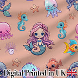 Cute Kawaii Mermaid Seahorse Jellyfish and Starfish Peach Background  Pattern Digital Print Fabric by the Metre UK Sewing Quilting Textile