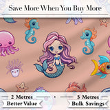 Cute Kawaii Mermaid Seahorse Jellyfish and Starfish Peach Background  Pattern Digital Print Fabric by the Metre UK Sewing Quilting Textile