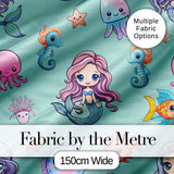 Cute Kawaii Mermaid Seahorse Jellyfish and Starfish Mint Background  Pattern Digital Print Fabric by the Metre UK Sewing Quilting Textile