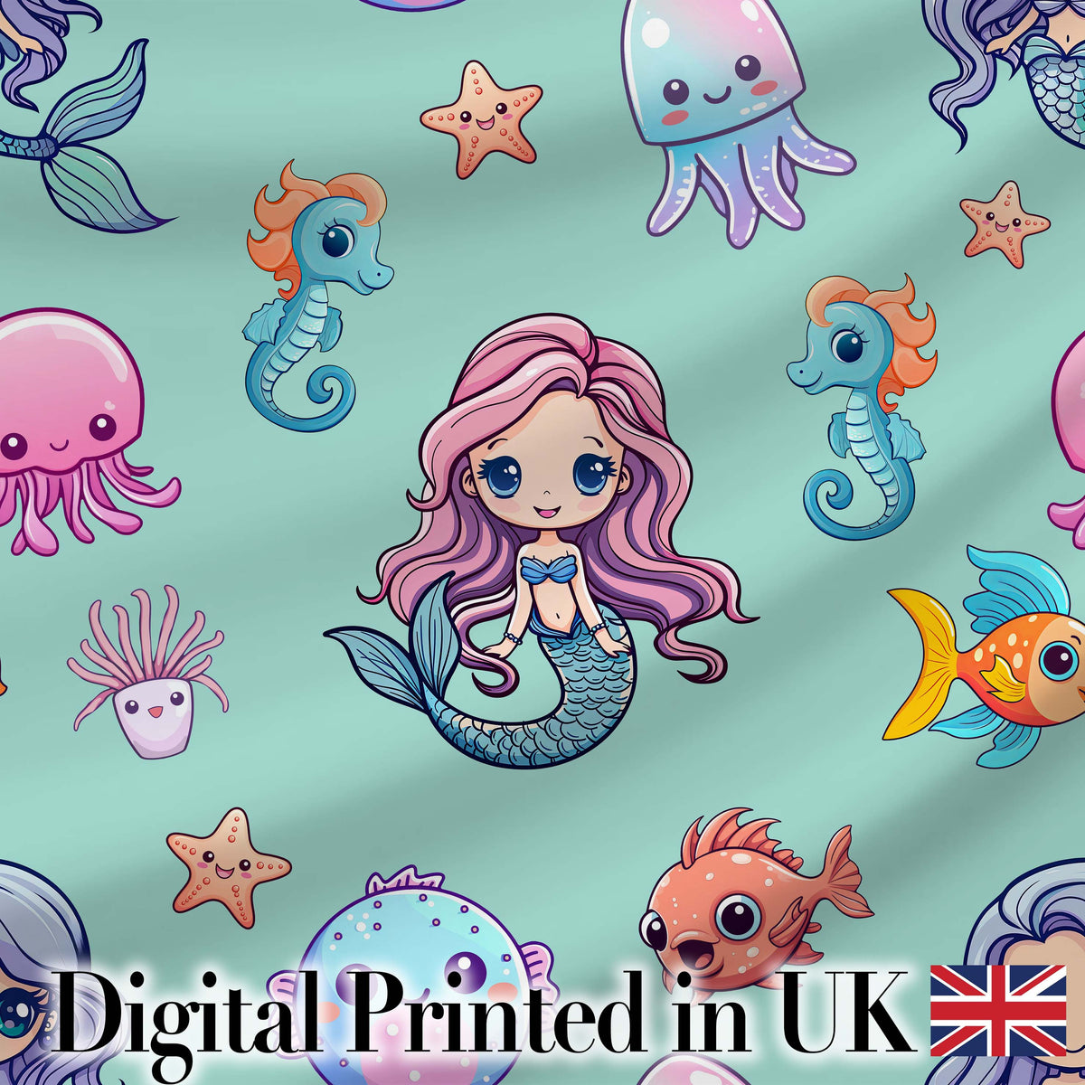Cute Kawaii Mermaid Seahorse Jellyfish and Starfish Mint Background  Pattern Digital Print Fabric by the Metre UK Sewing Quilting Textile