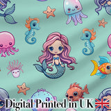 Cute Kawaii Mermaid Seahorse Jellyfish and Starfish Mint Background  Pattern Digital Print Fabric by the Metre UK Sewing Quilting Textile