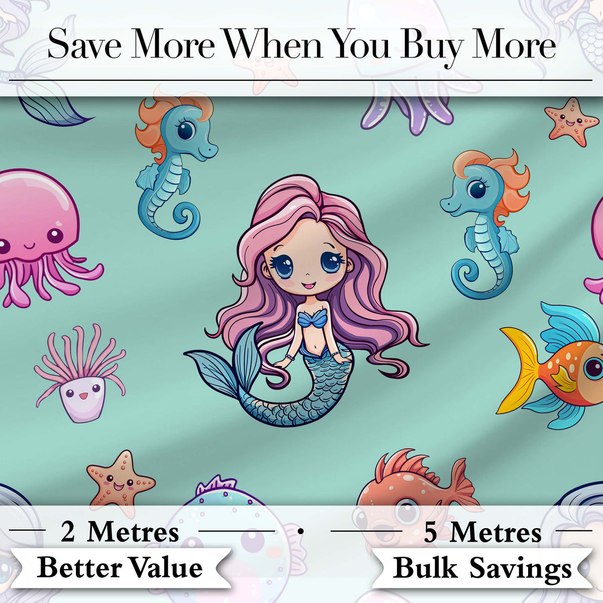 Cute Kawaii Mermaid Seahorse Jellyfish and Starfish Mint Background  Pattern Digital Print Fabric by the Metre UK Sewing Quilting Textile