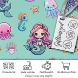 Cute Kawaii Mermaid Seahorse Jellyfish and Starfish Mint Background  Pattern Digital Print Fabric by the Metre UK Sewing Quilting Textile