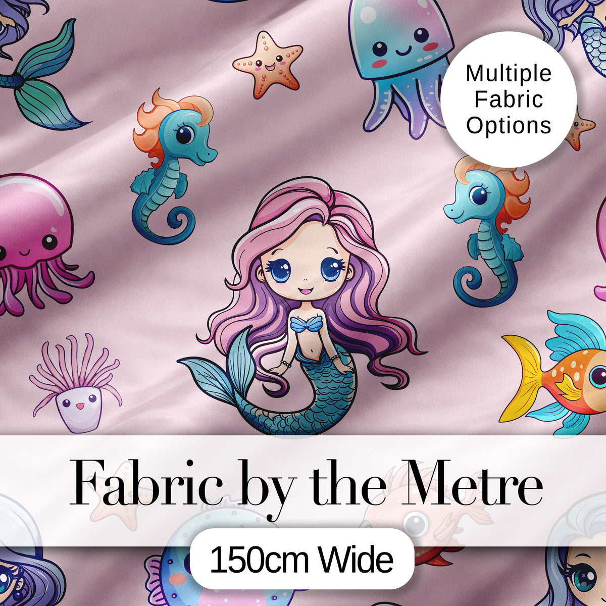 Cute Kawaii Mermaid Seahorse Jellyfish and Starfish Light Pink Background   Digital Print Fabric by the Metre UK Sewing Quilting Textile