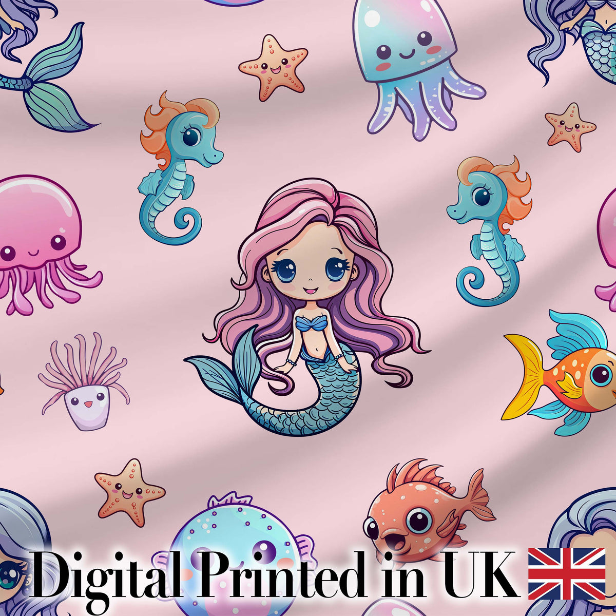 Cute Kawaii Mermaid Seahorse Jellyfish and Starfish Light Pink Background   Digital Print Fabric by the Metre UK Sewing Quilting Textile
