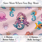 Cute Kawaii Mermaid Seahorse Jellyfish and Starfish Light Pink Background   Digital Print Fabric by the Metre UK Sewing Quilting Textile