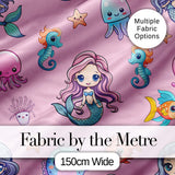 Cute Kawaii Mermaid Seahorse Jellyfish and Starfish Soft Pink Background   Digital Print Fabric by the Metre UK Sewing Quilting Textile