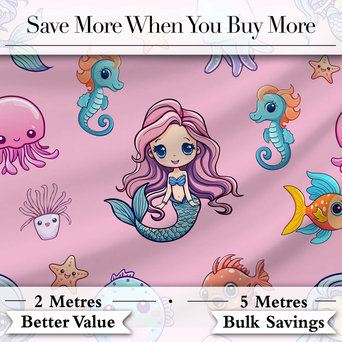 Cute Kawaii Mermaid Seahorse Jellyfish and Starfish Soft Pink Background   Digital Print Fabric by the Metre UK Sewing Quilting Textile