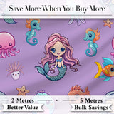 Cute Kawaii Mermaid Seahorse Jellyfish and Starfish Purple Background  Pattern Digital Print Fabric by the Metre UK Sewing Quilting Textile