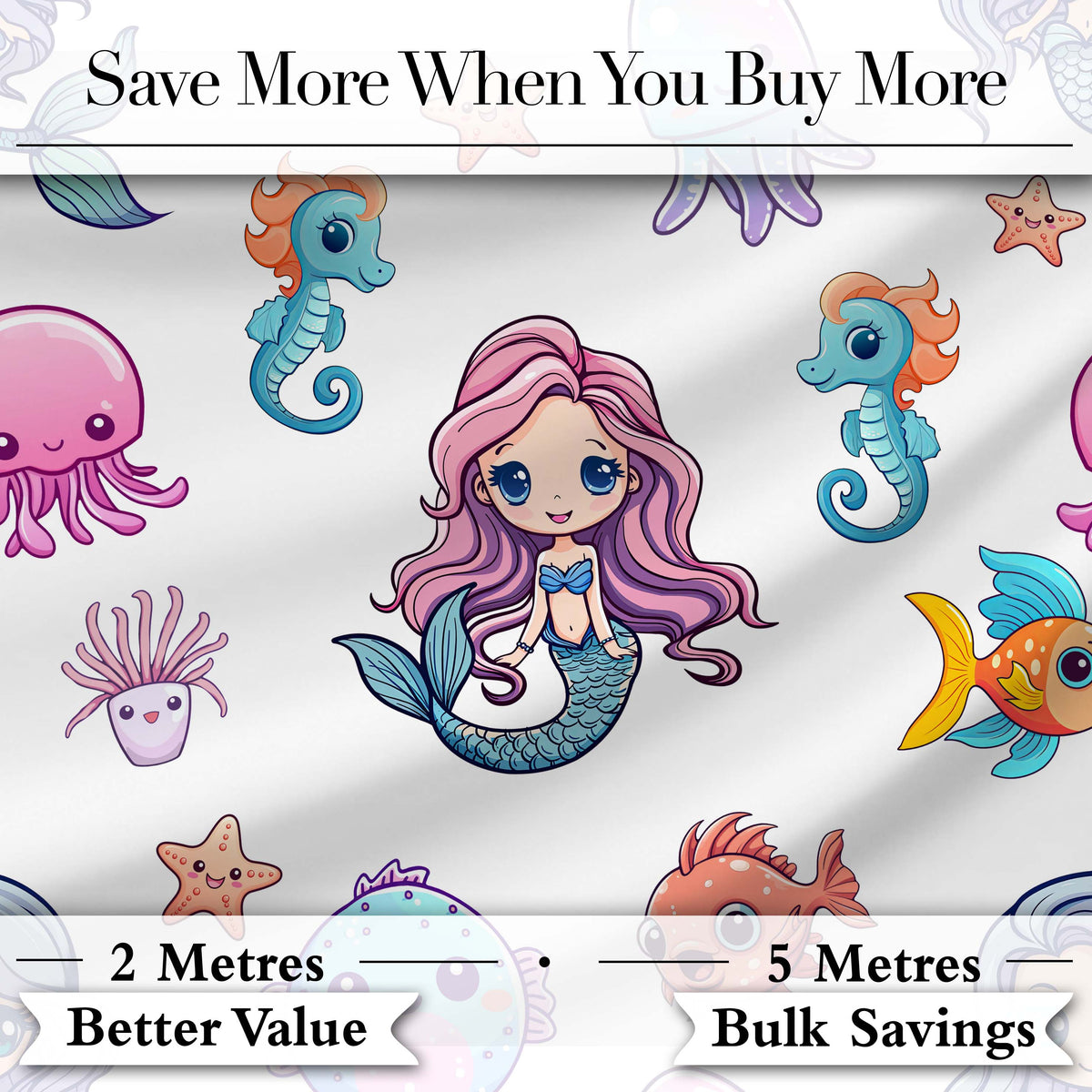 Cute Kawaii Mermaid Seahorse Jellyfish and Starfish Light Grey Background   Digital Print Fabric by the Metre UK Sewing Quilting Textile