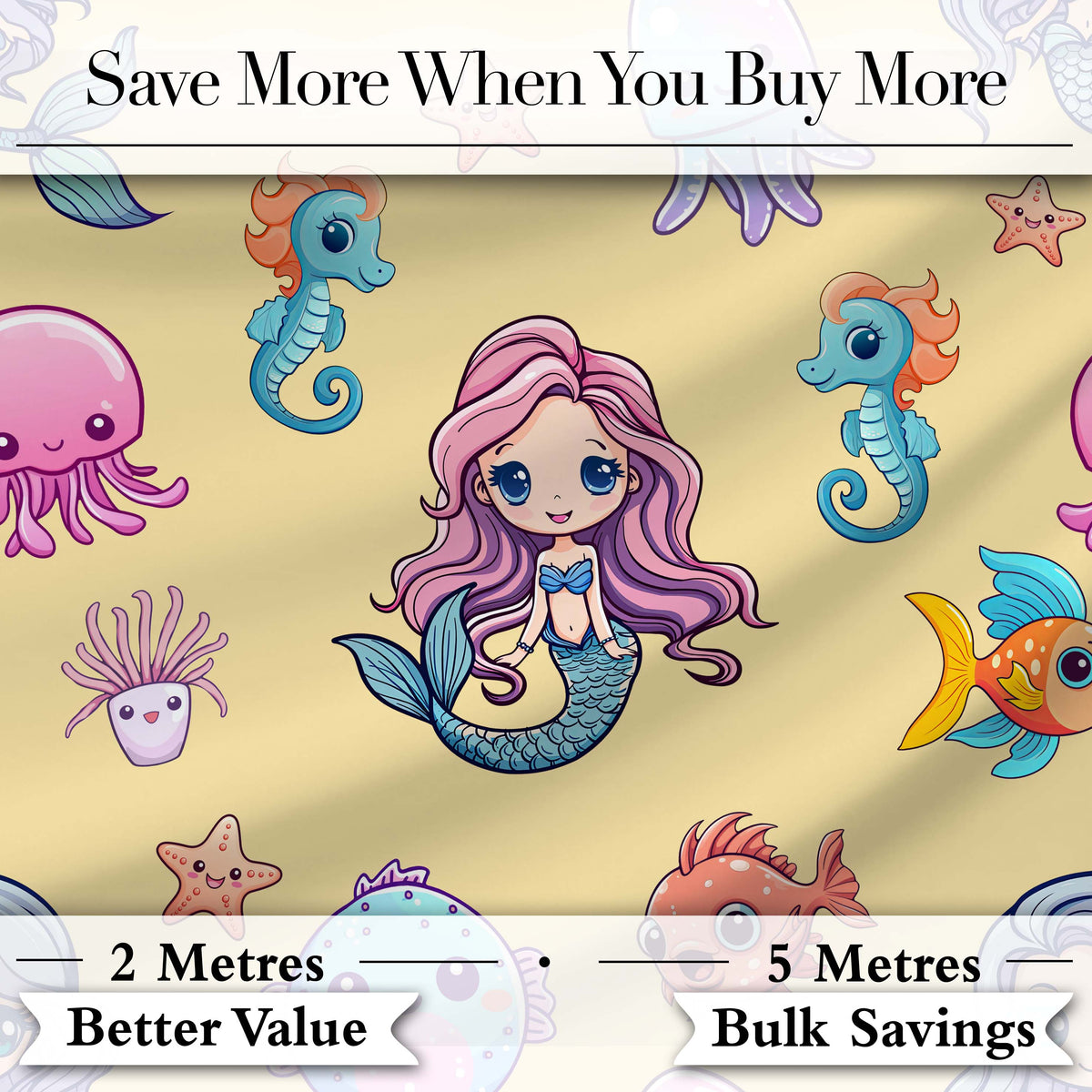 Cute Kawaii Mermaid Seahorse Jellyfish and Starfish Soft Yellow Background   Digital Print Fabric by the Metre UK Sewing Quilting Textile
