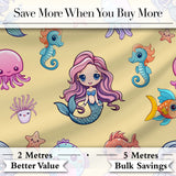 Cute Kawaii Mermaid Seahorse Jellyfish and Starfish Soft Yellow Background   Digital Print Fabric by the Metre UK Sewing Quilting Textile