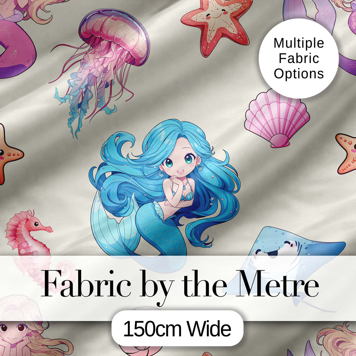 Cute Blue Hair Mermaid Jellyfish Seahorse and Ocean Creatures Seamless Pattern Digital Print Fabric by the Metre UK Sewing Quilting Textile