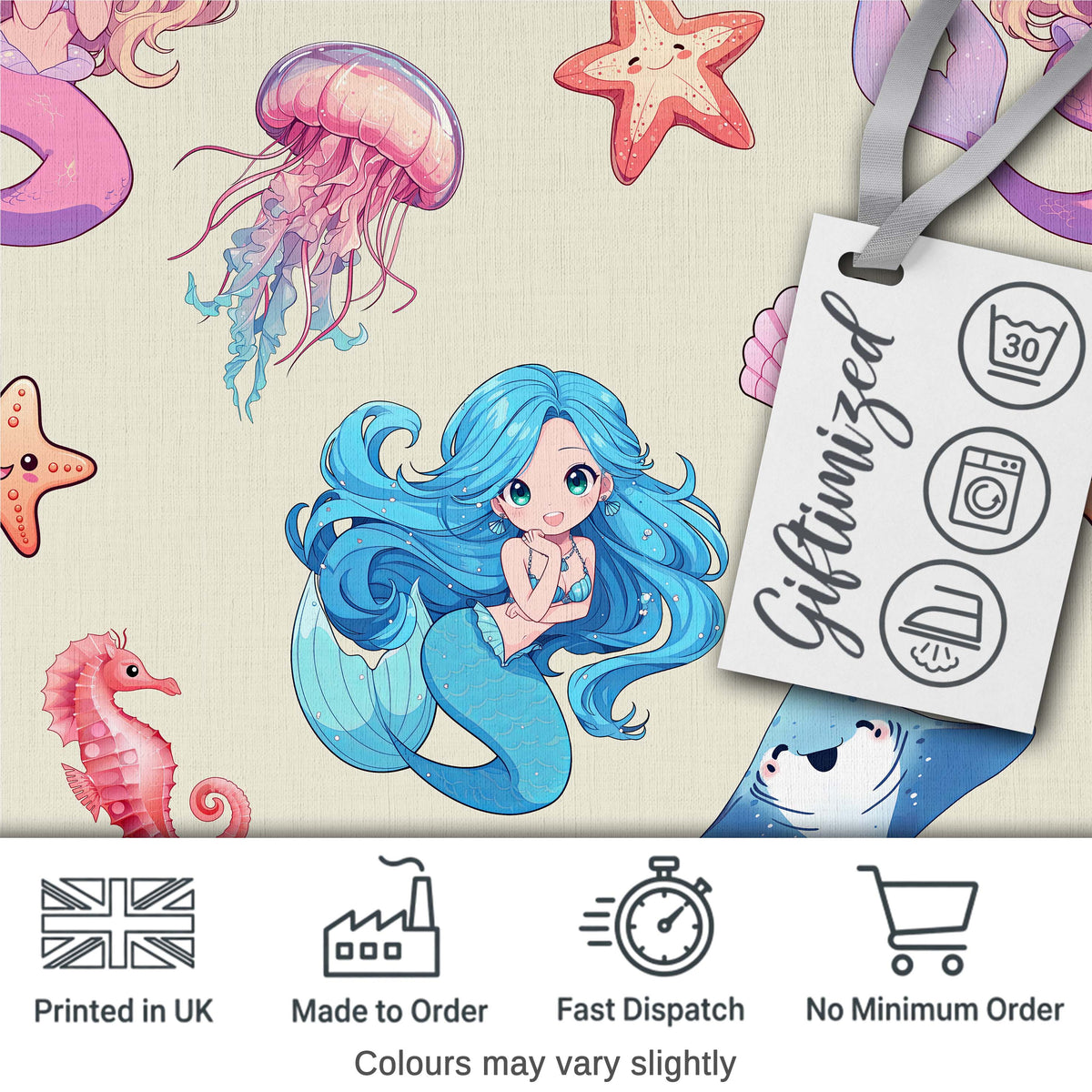 Cute Blue Hair Mermaid Jellyfish Seahorse and Ocean Creatures Seamless Pattern Digital Print Fabric by the Metre UK Sewing Quilting Textile