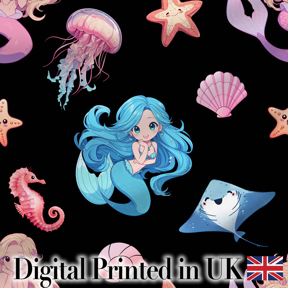 Cute Blue Hair Mermaid Jellyfish Seahorse on Black Background Seamless Pattern Digital Print Fabric by the Metre UK Sewing Quilting Textile
