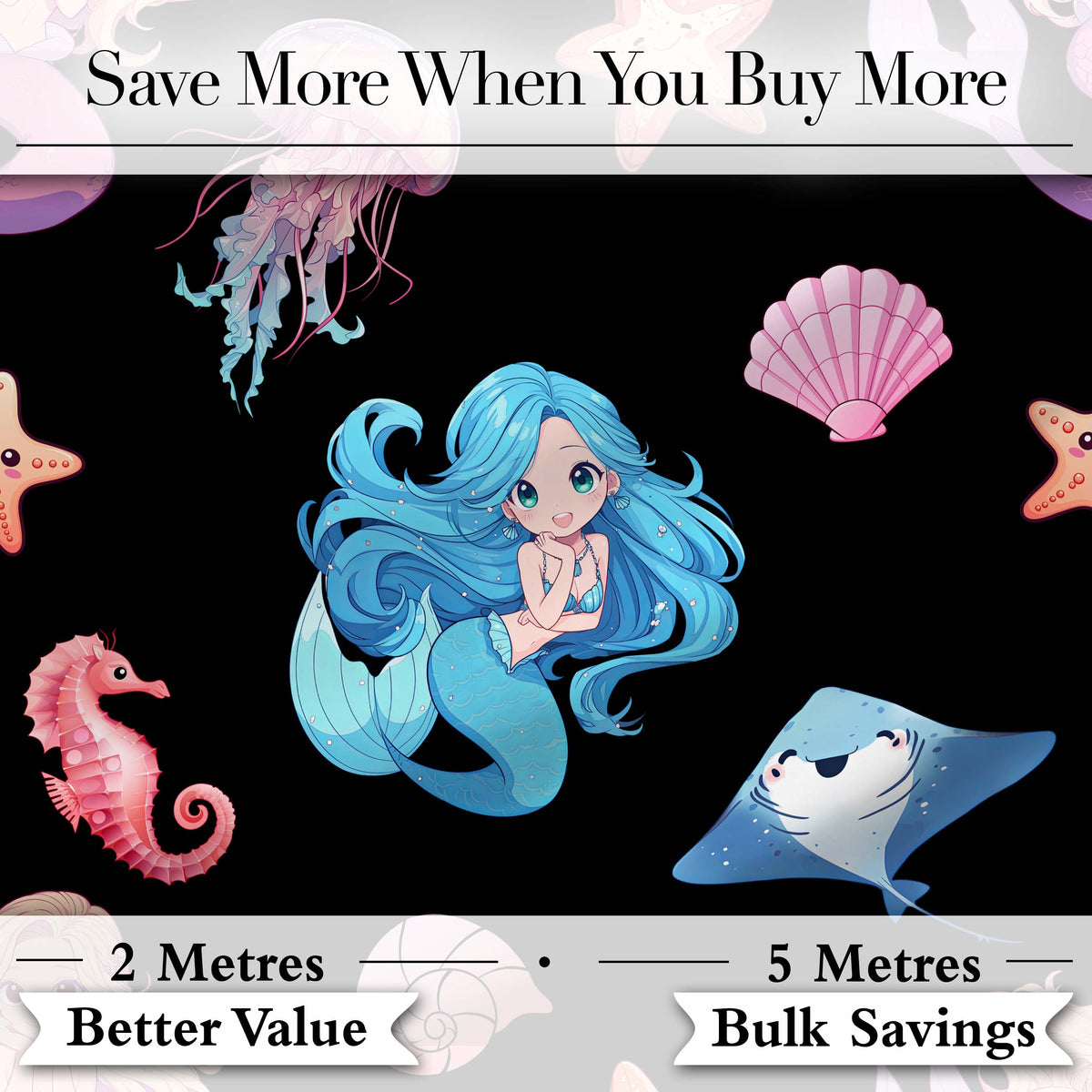Cute Blue Hair Mermaid Jellyfish Seahorse on Black Background Seamless Pattern Digital Print Fabric by the Metre UK Sewing Quilting Textile