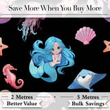 Cute Blue Hair Mermaid Jellyfish Seahorse on Black Background Seamless Pattern Digital Print Fabric by the Metre UK Sewing Quilting Textile