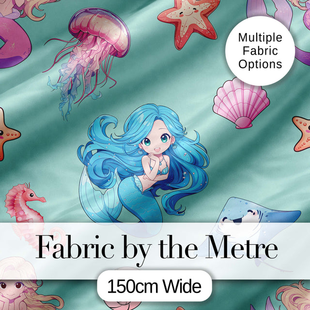 Cute Blue Hair Mermaid Jellyfish Seahorse Mint Background Seamless Pattern Digital Print Fabric by the Metre UK Sewing Quilting Textile