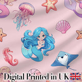 Cute Blue Hair Mermaid Jellyfish Seahorse Soft Pink Background Seamless Pattern Digital Print Fabric by the Metre UK Sewing Quilting Textile