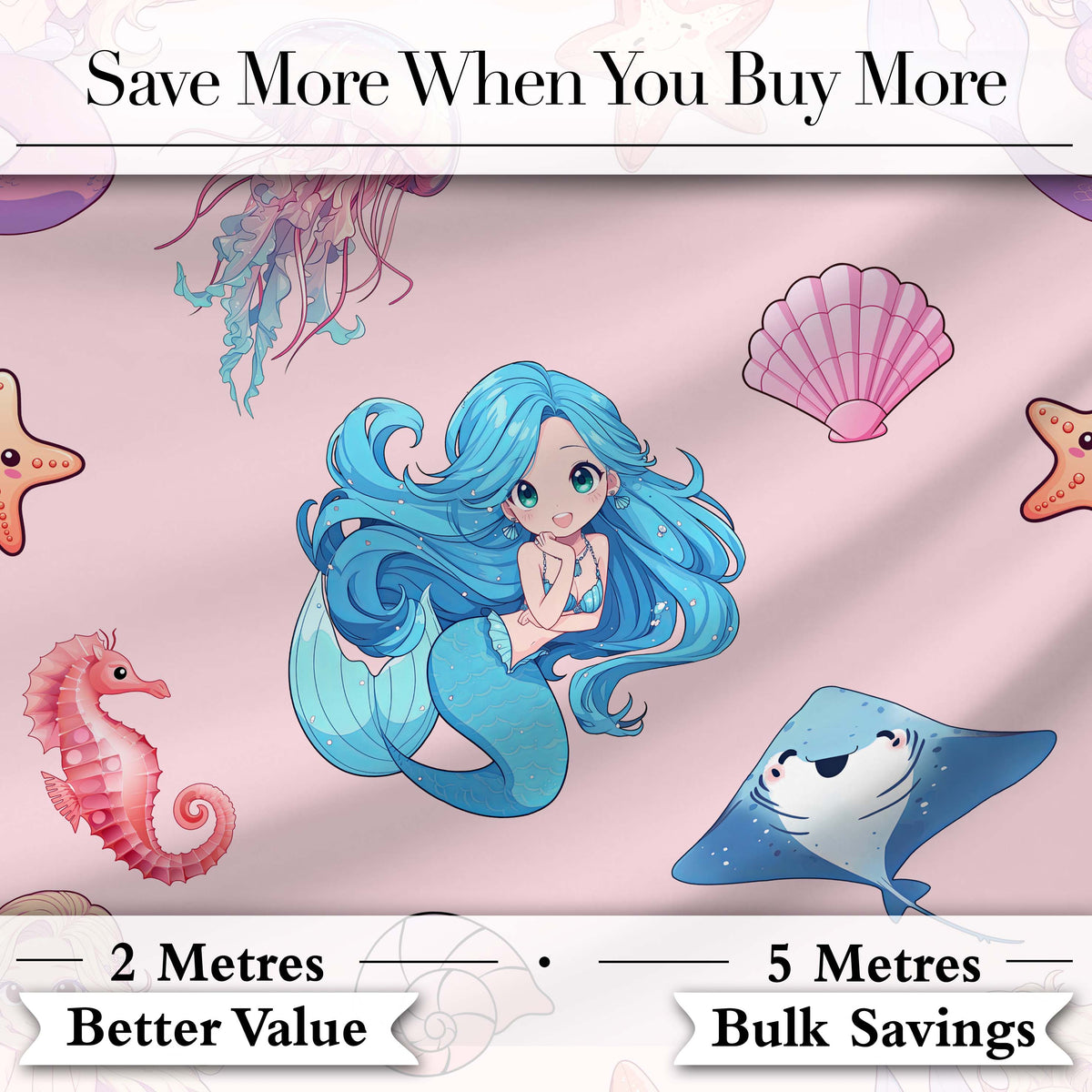 Cute Blue Hair Mermaid Jellyfish Seahorse Soft Pink Background Seamless Pattern Digital Print Fabric by the Metre UK Sewing Quilting Textile