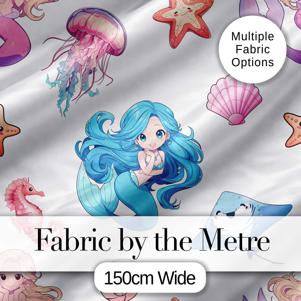 Cute Blue Mermaid Jellyfish Seahorse and Ocean Creatures Light Grey Background  Digital Print Fabric by the Metre UK Sewing Quilting Textile