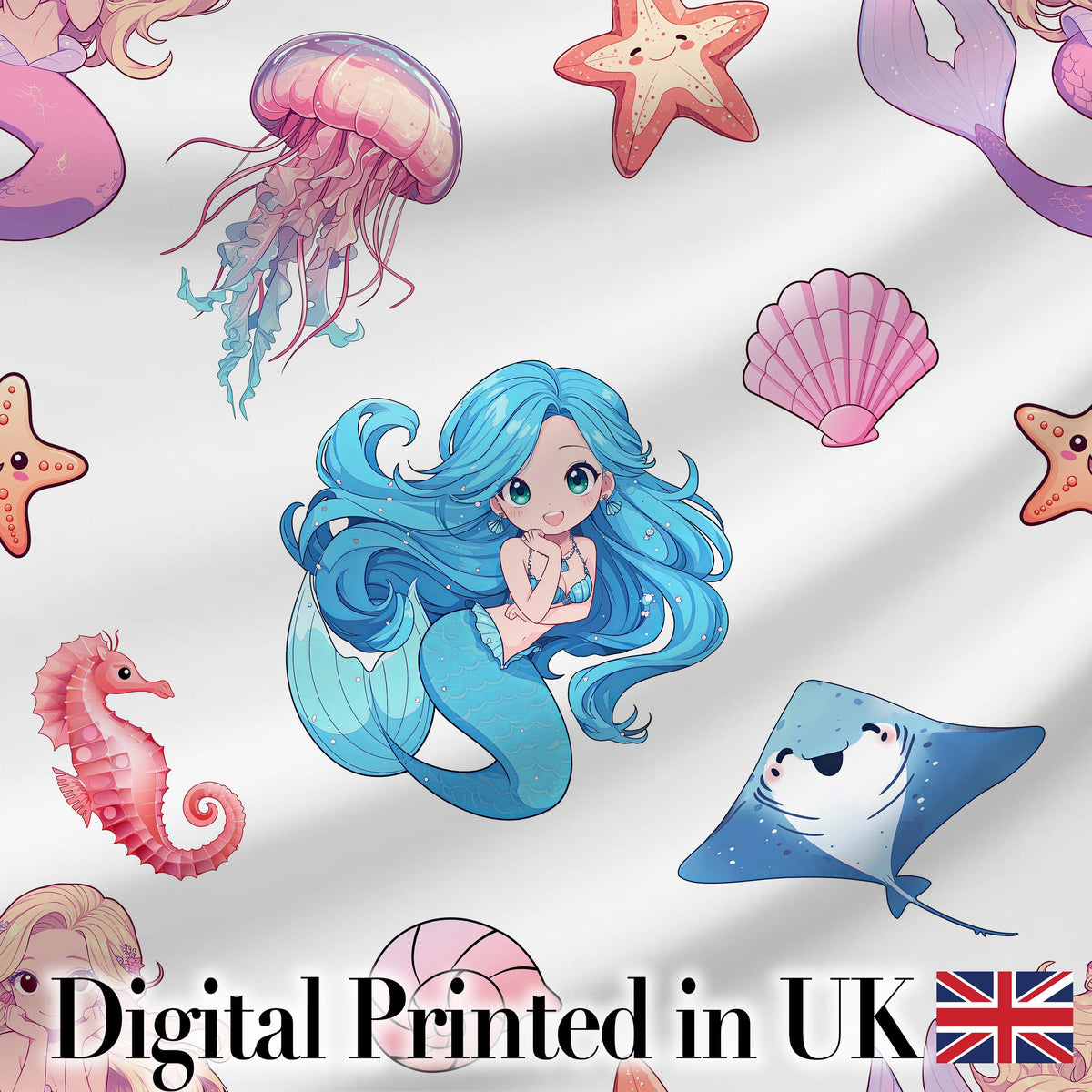 Cute Blue Mermaid Jellyfish Seahorse and Ocean Creatures Light Grey Background  Digital Print Fabric by the Metre UK Sewing Quilting Textile