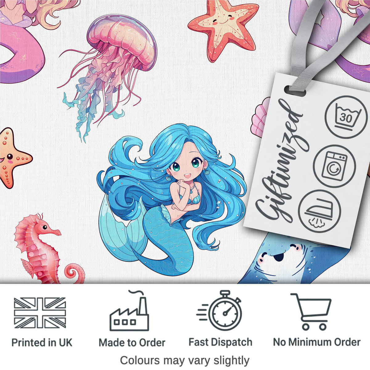 Cute Blue Mermaid Jellyfish Seahorse and Ocean Creatures Light Grey Background  Digital Print Fabric by the Metre UK Sewing Quilting Textile