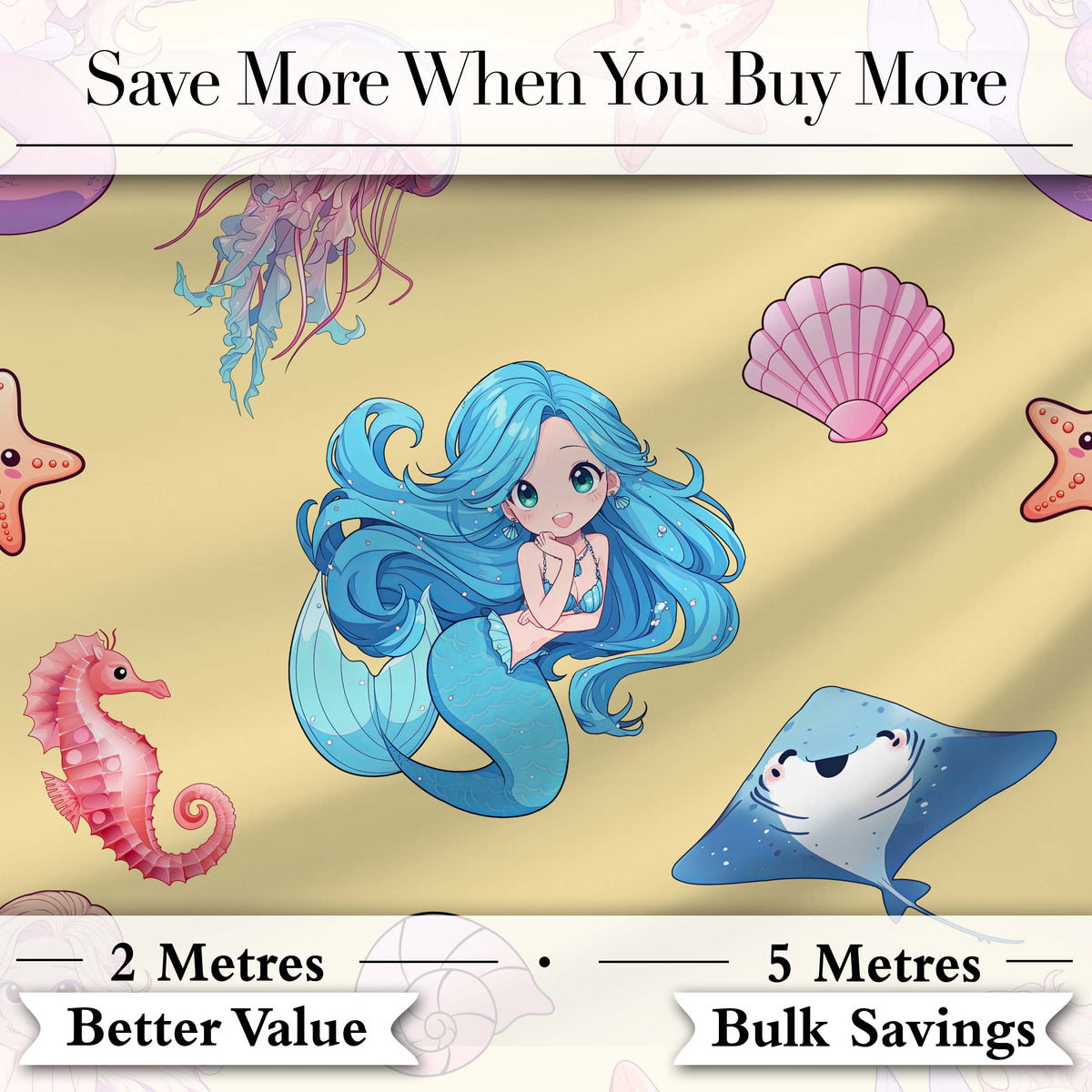 Cute Blue Mermaid Jellyfish Seahorse and Ocean Creatures Soft Yellow Background Digital Print Fabric by the Metre UK Sewing Quilting Textile