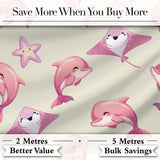 Cute Pink Dolphin Stingray Starfish Ocean Creatures Light Beige Background   Digital Print Fabric by the Metre UK Sewing Quilting Textile