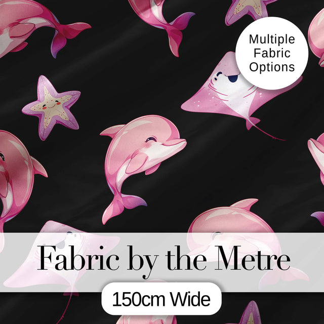 Cute Pink Dolphin Stingray Starfish Ocean Creatures Black Background  Pattern Digital Print Fabric by the Metre UK Sewing Quilting Textile
