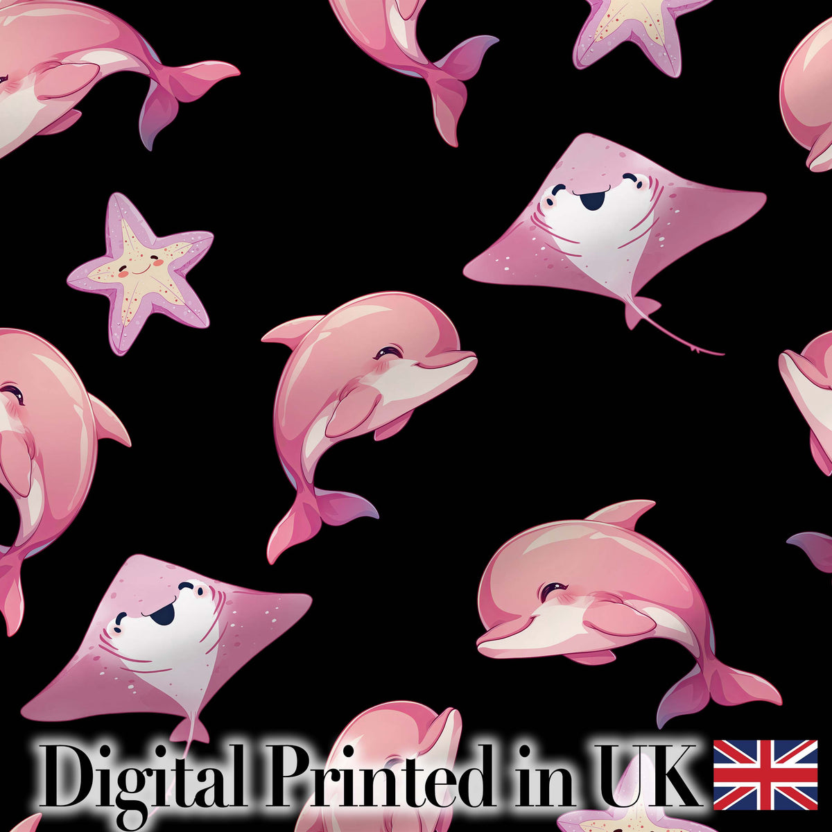 Cute Pink Dolphin Stingray Starfish Ocean Creatures Black Background  Pattern Digital Print Fabric by the Metre UK Sewing Quilting Textile
