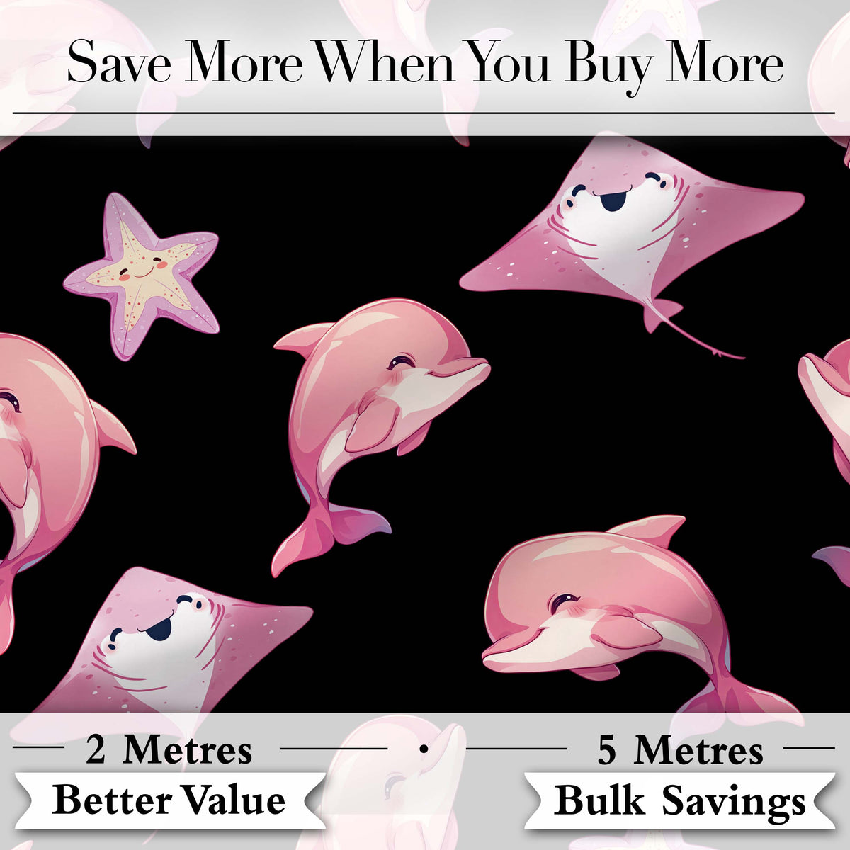 Cute Pink Dolphin Stingray Starfish Ocean Creatures Black Background  Pattern Digital Print Fabric by the Metre UK Sewing Quilting Textile