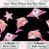Cute Pink Dolphin Stingray Starfish Ocean Creatures Black Background  Pattern Digital Print Fabric by the Metre UK Sewing Quilting Textile