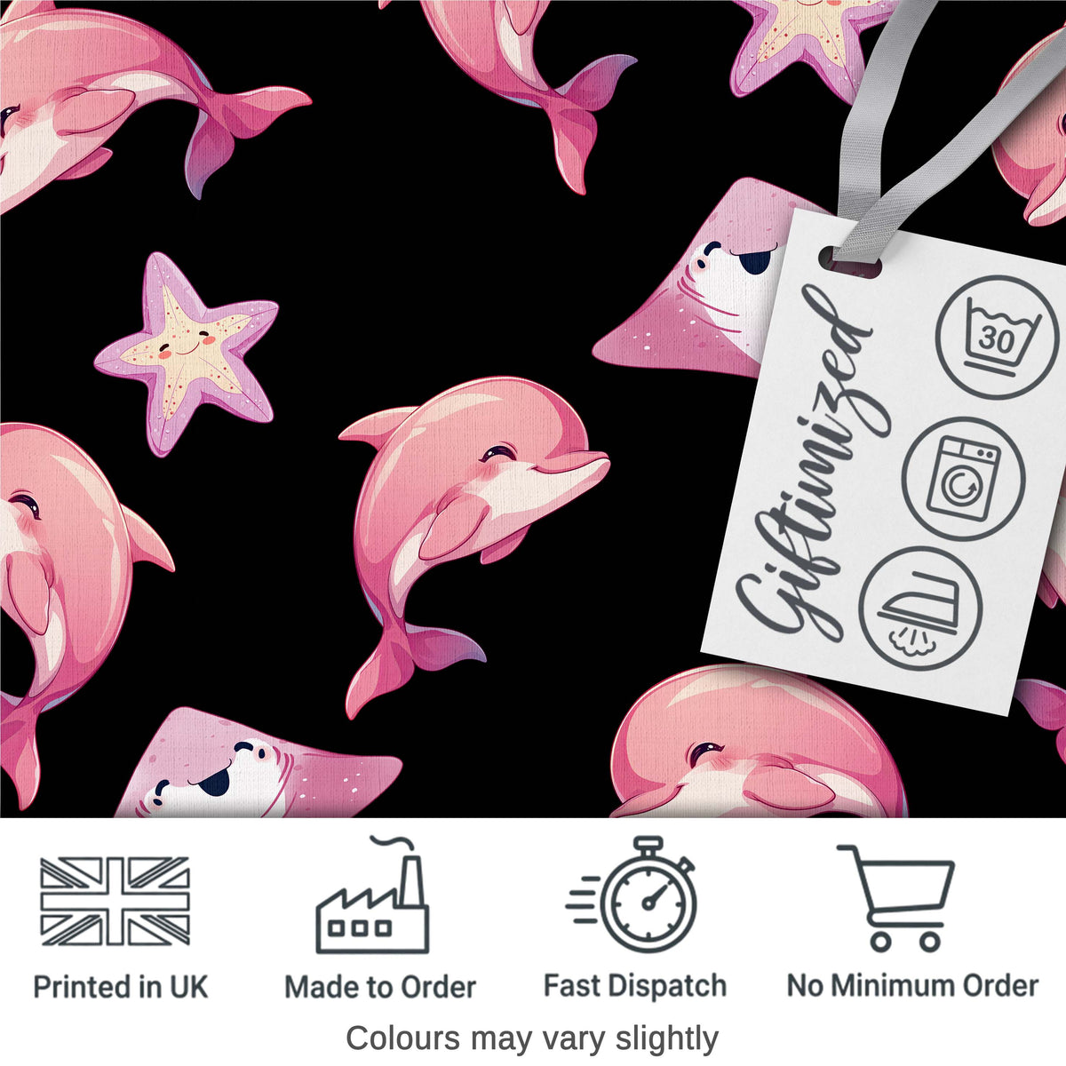 Cute Pink Dolphin Stingray Starfish Ocean Creatures Black Background  Pattern Digital Print Fabric by the Metre UK Sewing Quilting Textile