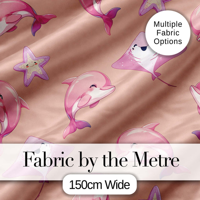 Cute Pink Dolphin Stingray Starfish Ocean Creatures Peach Background  Pattern Digital Print Fabric by the Metre UK Sewing Quilting Textile
