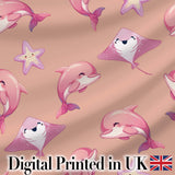 Cute Pink Dolphin Stingray Starfish Ocean Creatures Peach Background  Pattern Digital Print Fabric by the Metre UK Sewing Quilting Textile