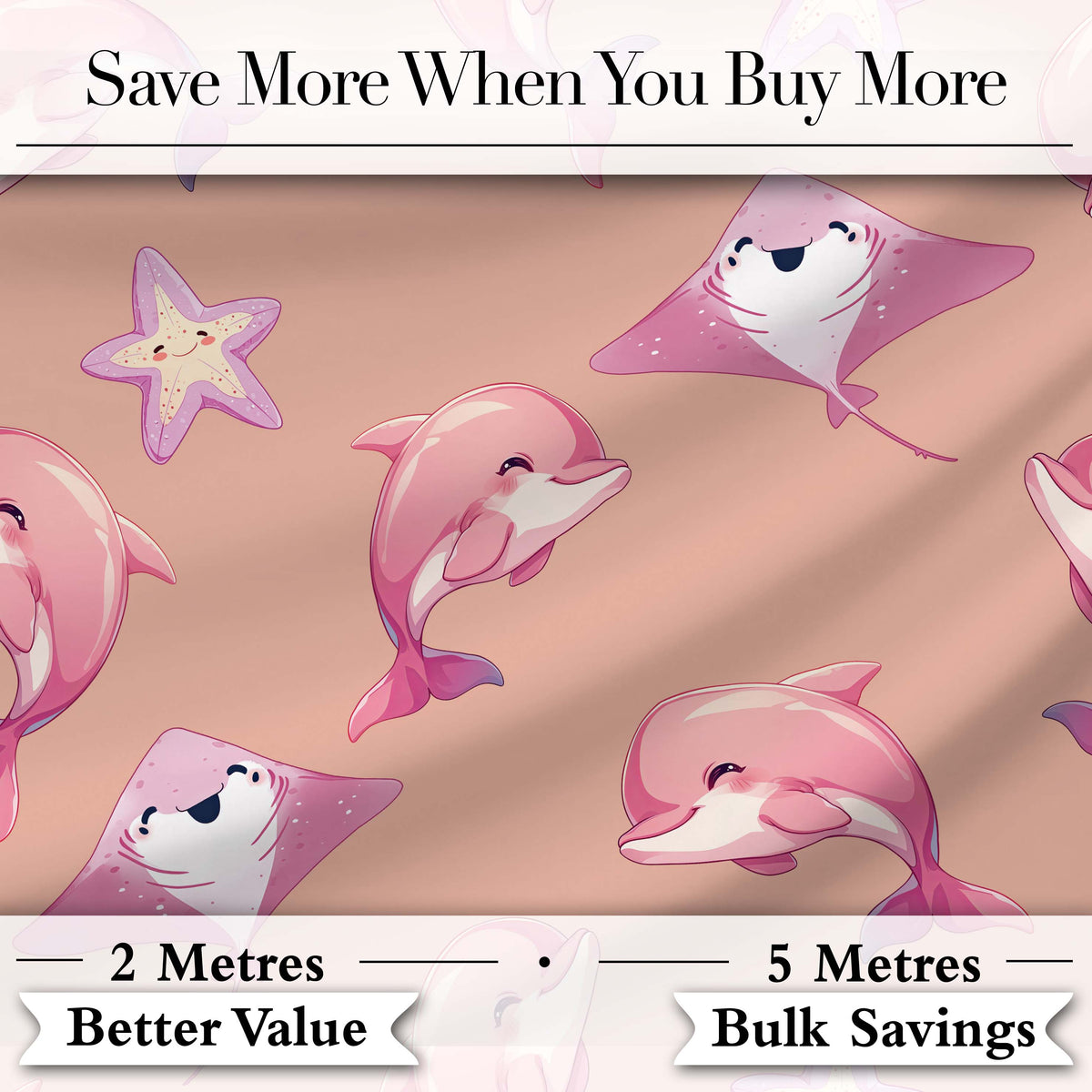 Cute Pink Dolphin Stingray Starfish Ocean Creatures Peach Background  Pattern Digital Print Fabric by the Metre UK Sewing Quilting Textile
