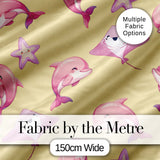 Cute Pink Dolphin Stingray Starfish Ocean Creatures Yellow Background  Pattern Digital Print Fabric by the Metre UK Sewing Quilting Textile
