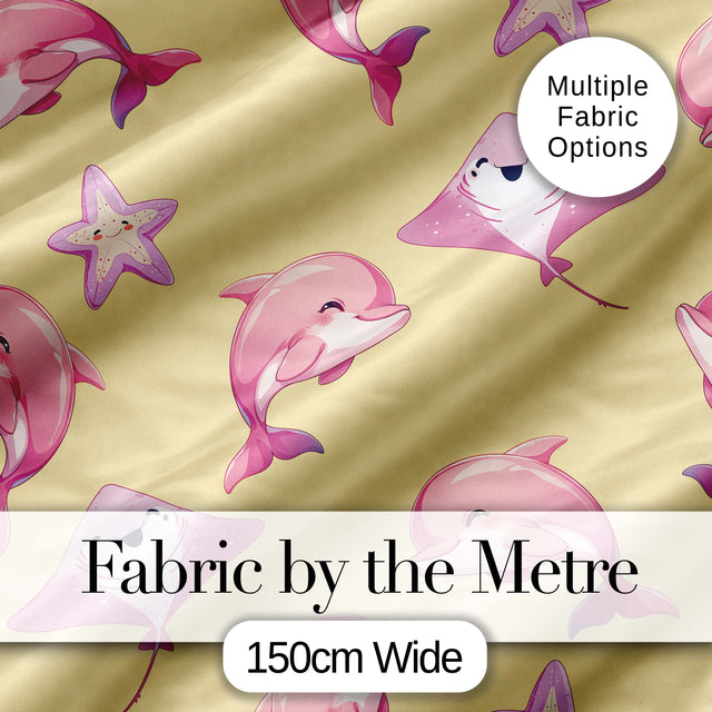 Cute Pink Dolphin Stingray Starfish Ocean Creatures Yellow Background  Pattern Digital Print Fabric by the Metre UK Sewing Quilting Textile
