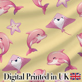 Cute Pink Dolphin Stingray Starfish Ocean Creatures Yellow Background  Pattern Digital Print Fabric by the Metre UK Sewing Quilting Textile