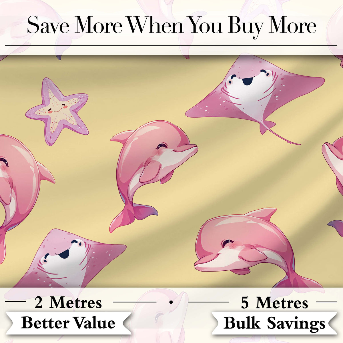 Cute Pink Dolphin Stingray Starfish Ocean Creatures Yellow Background  Pattern Digital Print Fabric by the Metre UK Sewing Quilting Textile