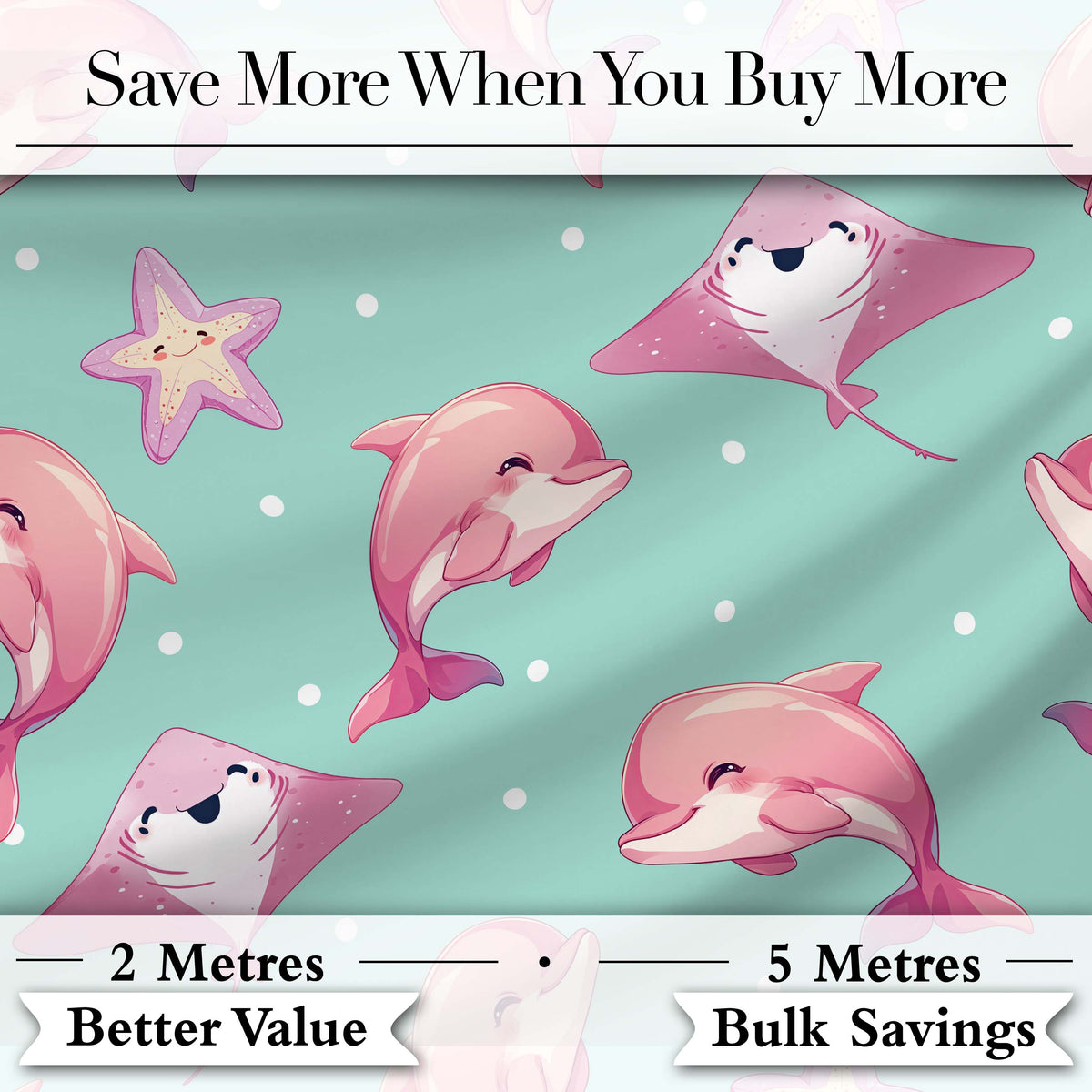 Pink Dolphin Stingray Starfish Ocean Creatures Mint Green Polka Dot Background Digital Print Fabric by the Metre UK Sewing Quilting Textile