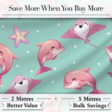 Pink Dolphin Stingray Starfish Ocean Creatures Mint Green Polka Dot Background Digital Print Fabric by the Metre UK Sewing Quilting Textile