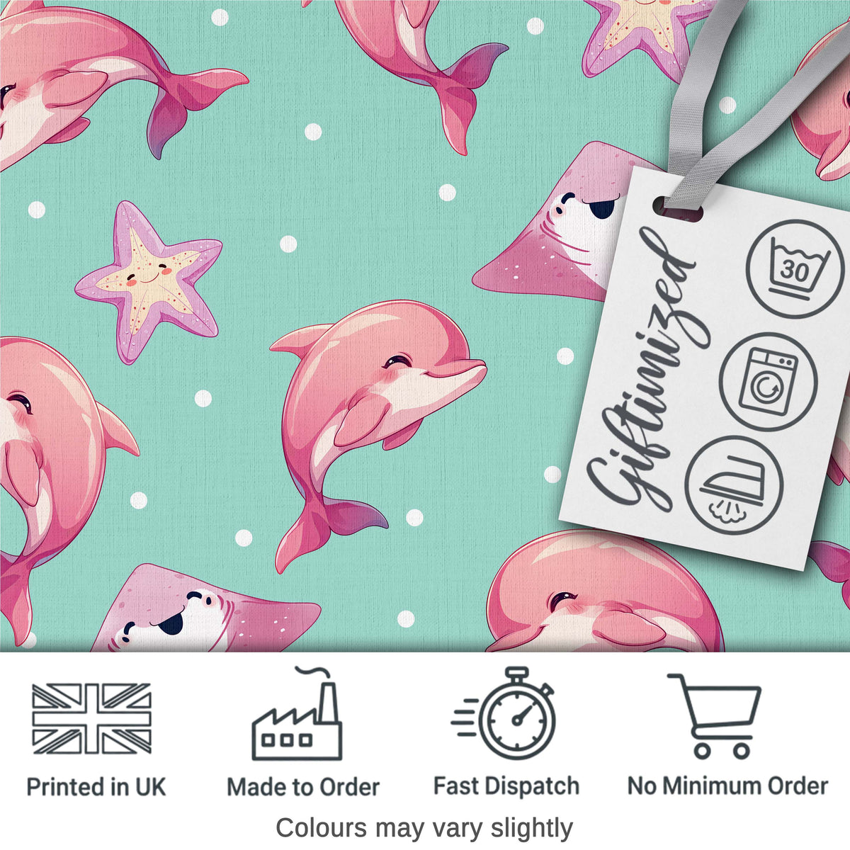 Pink Dolphin Stingray Starfish Ocean Creatures Mint Green Polka Dot Background Digital Print Fabric by the Metre UK Sewing Quilting Textile
