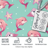 Pink Dolphin Stingray Starfish Ocean Creatures Mint Green Polka Dot Background Digital Print Fabric by the Metre UK Sewing Quilting Textile