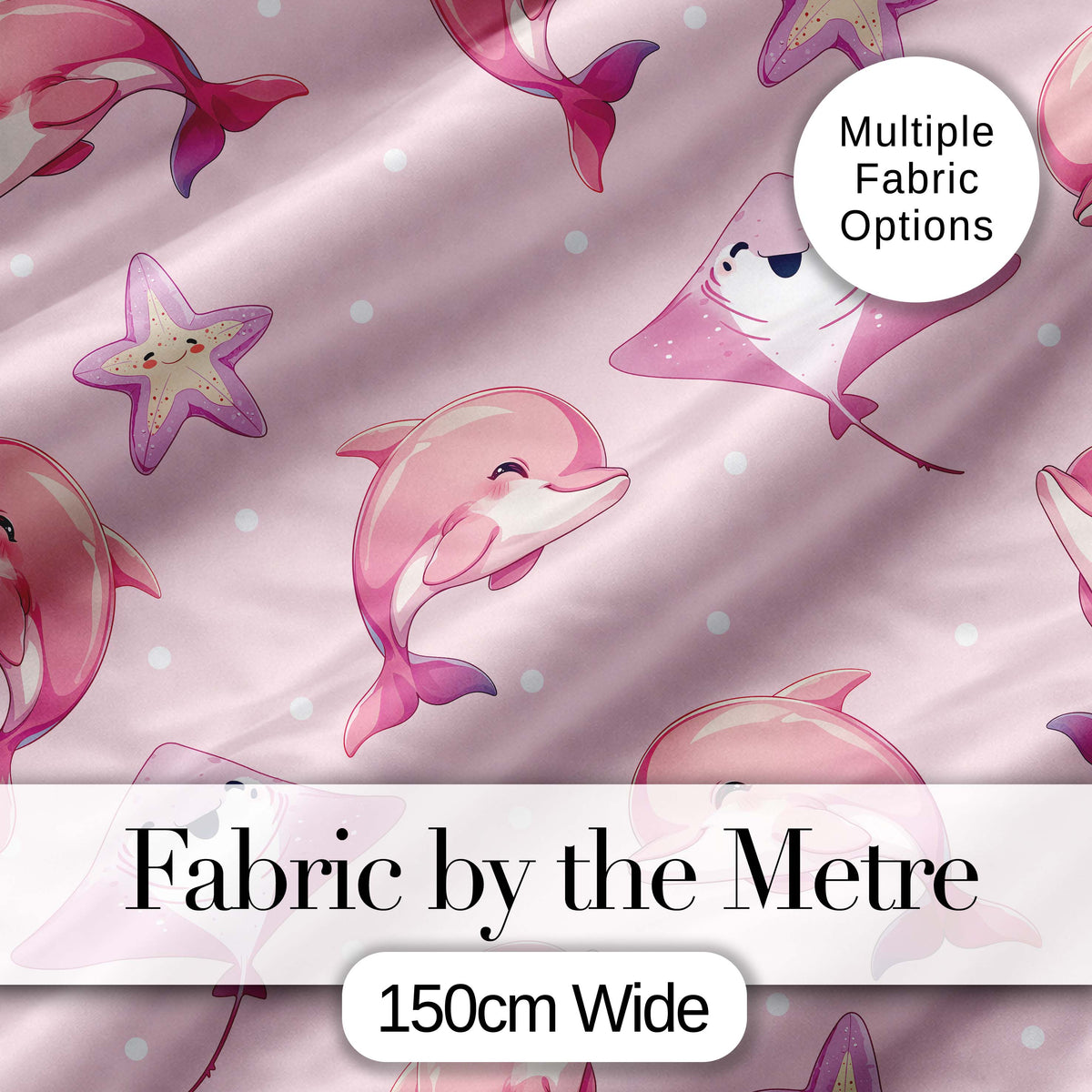 Pink Dolphin Stingray Starfish Ocean Creatures Soft Blush Polka Dot Background Digital Print Fabric by the Metre UK Sewing Quilting Textile