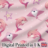 Pink Dolphin Stingray Starfish Ocean Creatures Soft Blush Polka Dot Background Digital Print Fabric by the Metre UK Sewing Quilting Textile