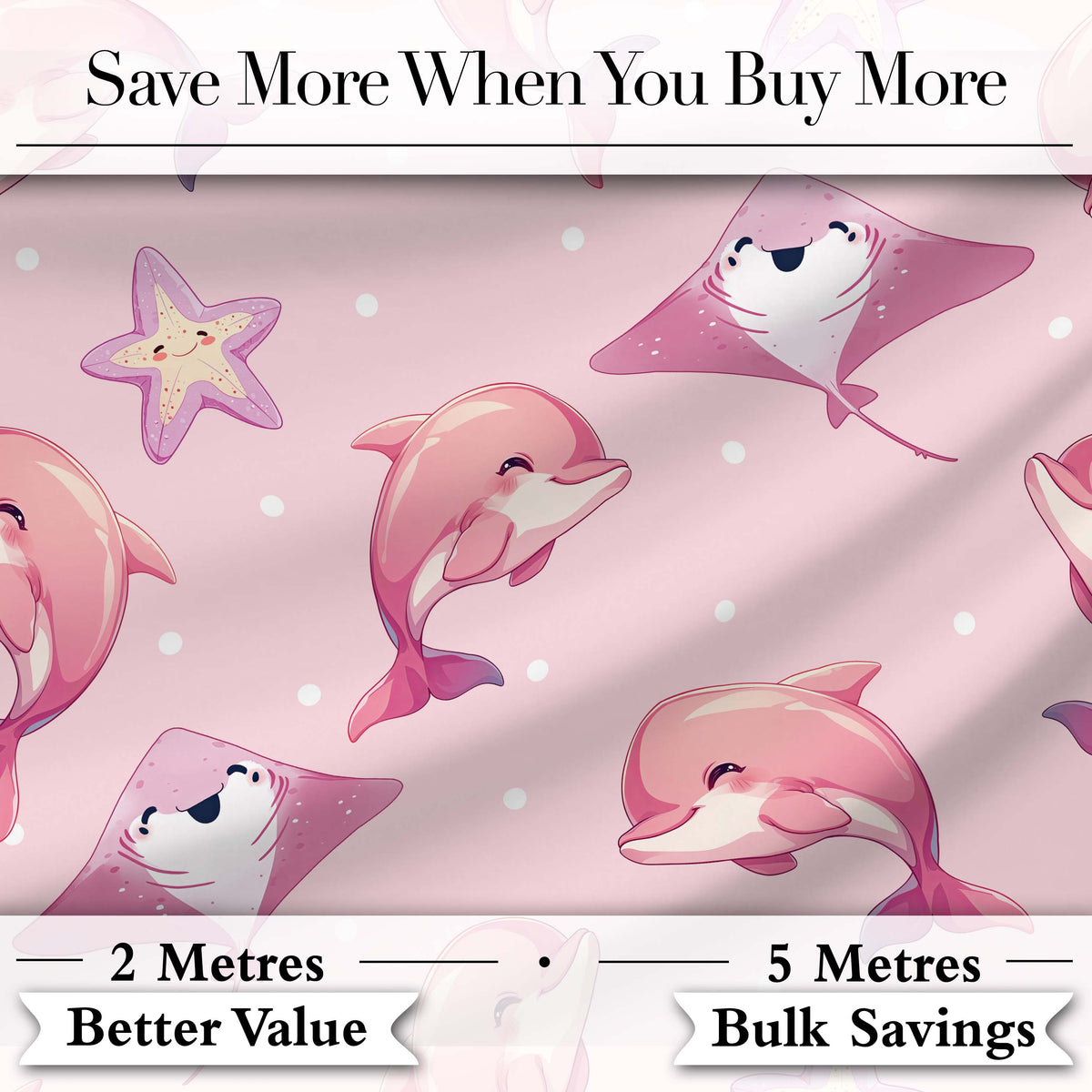 Pink Dolphin Stingray Starfish Ocean Creatures Soft Blush Polka Dot Background Digital Print Fabric by the Metre UK Sewing Quilting Textile
