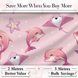 Pink Dolphin Stingray Starfish Ocean Creatures Soft Blush Polka Dot Background Digital Print Fabric by the Metre UK Sewing Quilting Textile